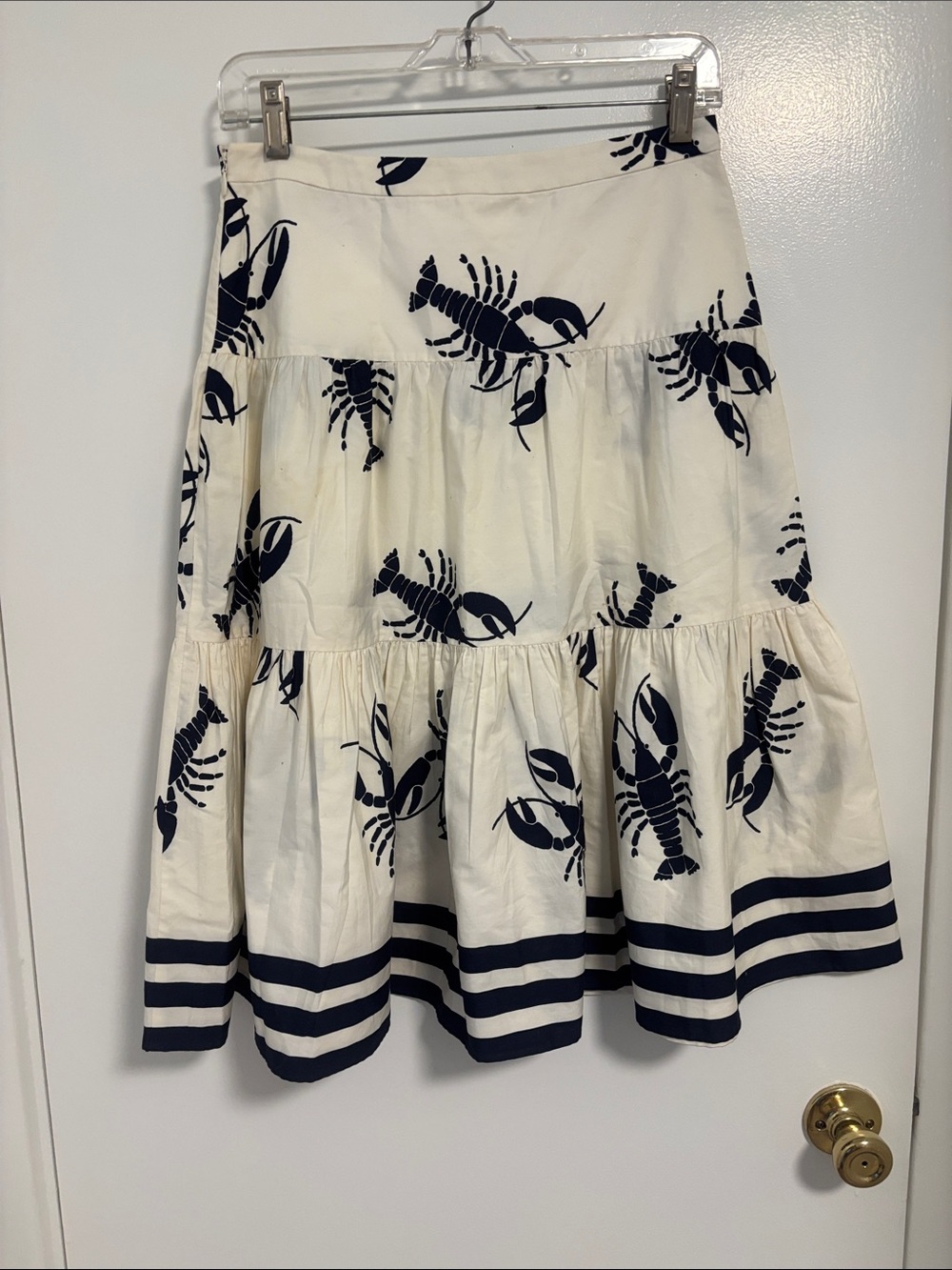 J. Crew Cream Tiered Midi Skirt with Navy Lobster Print
